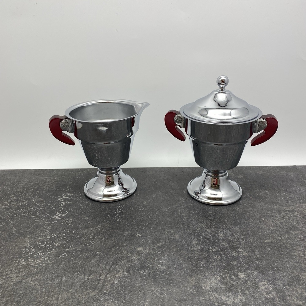 As Is Vintage Art Deco Chrome Creamer & Sugar Cherry Red Bakelite Handles